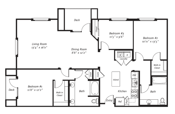 3 Bedroom 2 Bath Floor Plan at Apex Mission Valley, San Diego