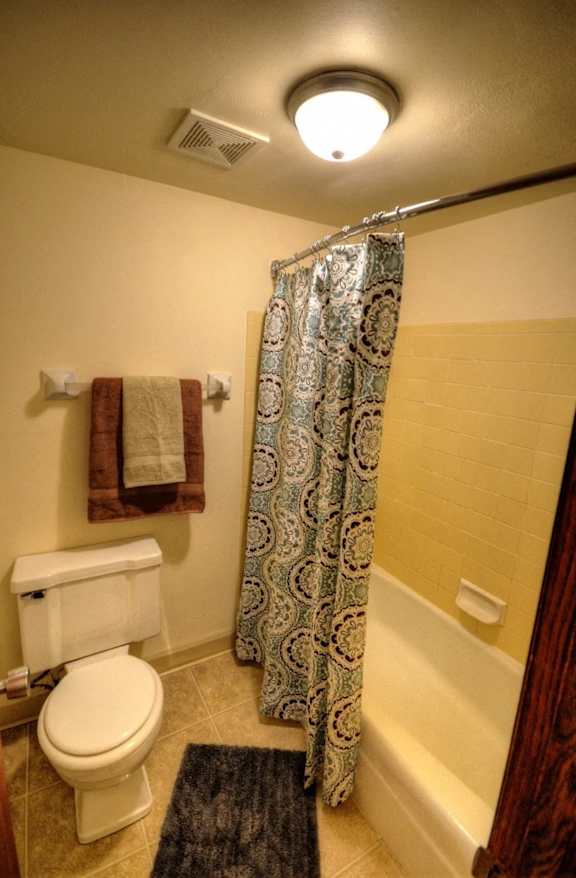 a bathroom with a toilet and a tub and a shower curtain