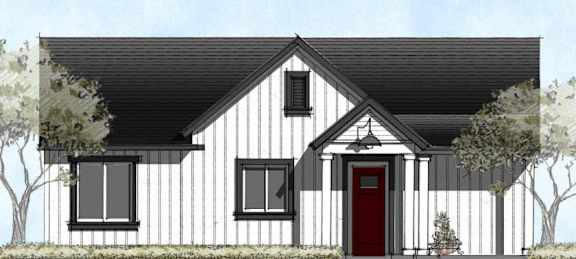 a rendering of a white house with a red door