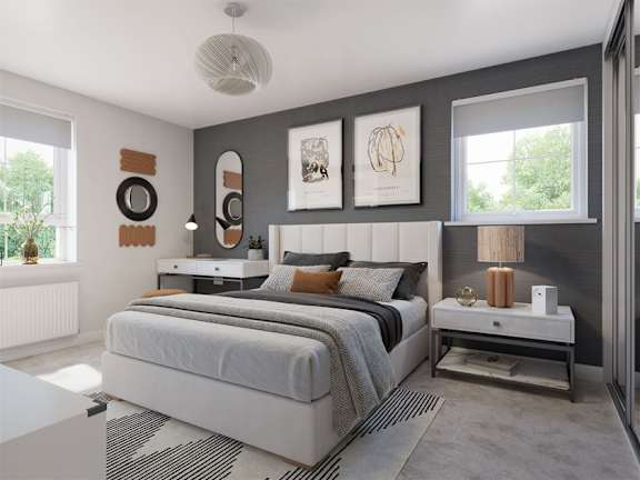 A modern bedroom with a large bed and a nightstand with a lamp.