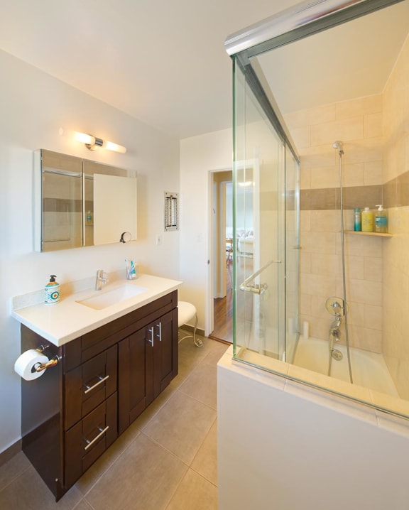 A bathroom with a counter top and a walk in shower.