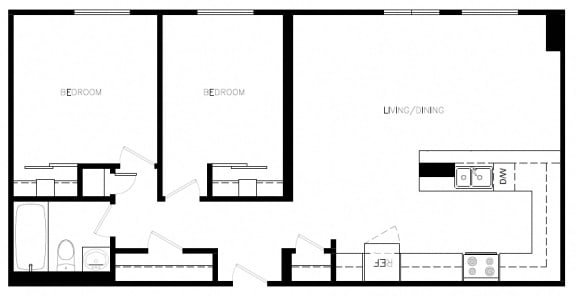 Two bedroom, one bathroom apartment layout at Trillium Apartments in Cobourg, ON