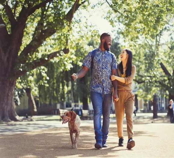 A man and woman are walking their dog in a park.