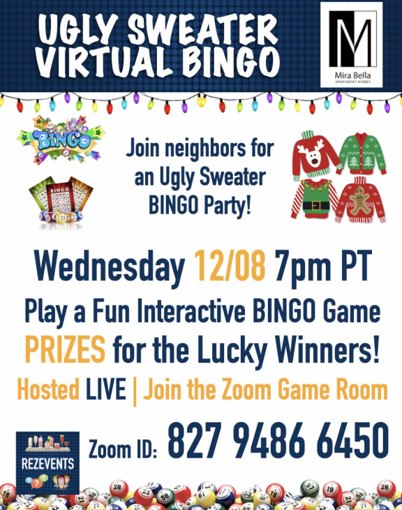 Ugly Sweater Virtual Bingo Banner at Mirabella Apartments, Bermuda Dunes, California