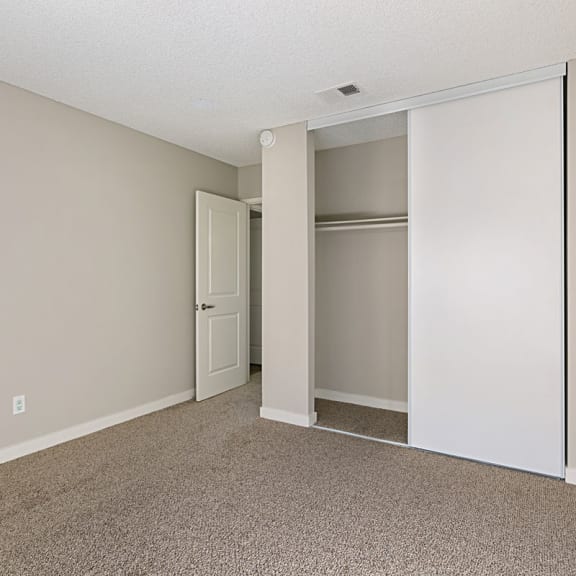a bedroom with a closet and an open door