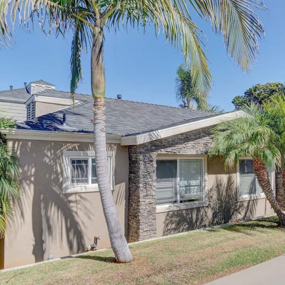 a house with palm trees in front of it