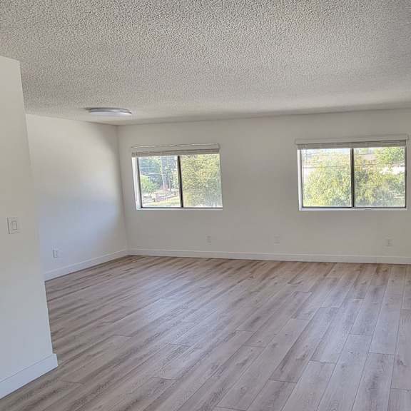 A room with light wood flooring and two windows.