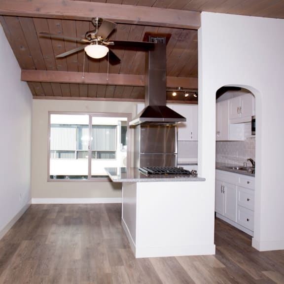a kitchen with a stove top oven next to a window