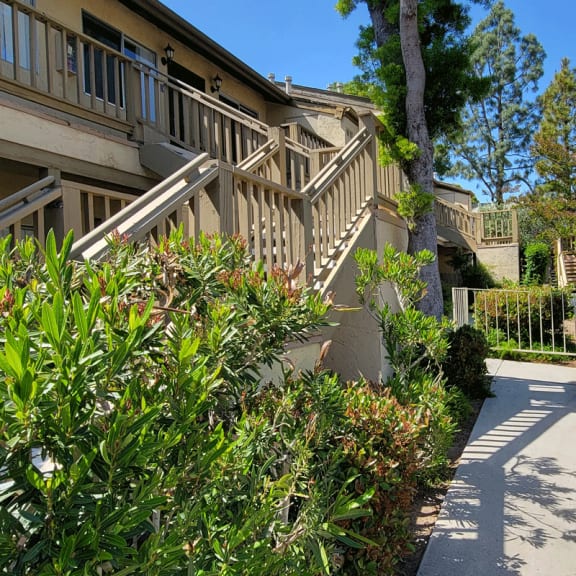 a building with a staircase and a tree in front of it