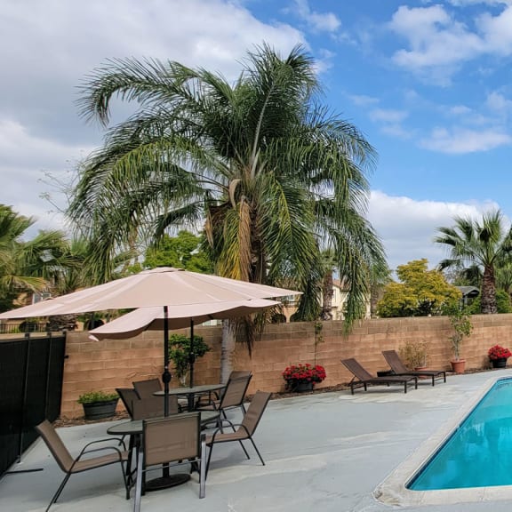 a backyard with a pool and patio with a table and chairs and a palm tree
