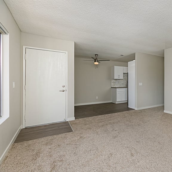 a bedroom with a ceiling fan and a door that leads to the kitchen