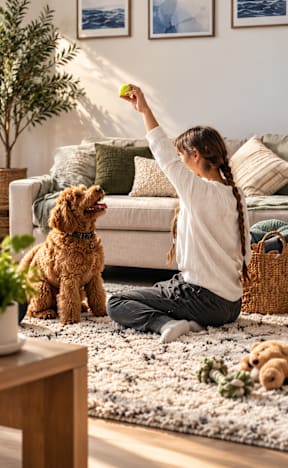 A woman and a child are sitting on the floor with a dog, reaching up towards a couch.