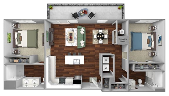 B7 - 2 Bed - 2 Bath - The Airdrie at Paoli Station - 3D Floor Plan