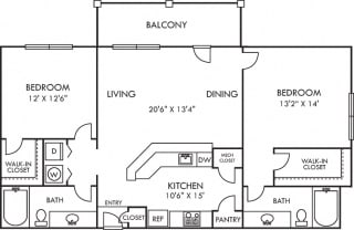 The Wisteria Wisteria 2 bedroom apartment. Kitchen with large peninsula island. pantry. open to living-dining area. 2 full baths. large walk-in closets. in-unit laundry. Balcony.