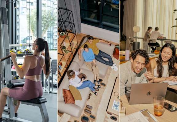 Three images depicting people in different settings: a woman working out, a couple relaxing on a couch, and a group of people working together at a table.