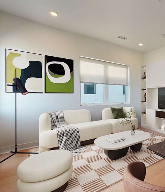 Living Room with White Couch at Mile Apartments, Denver