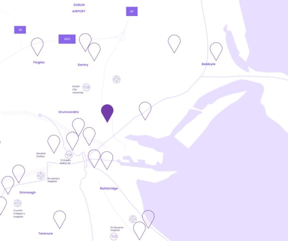 a screenshot of a map with markers and a silhouette of a person holding a hand