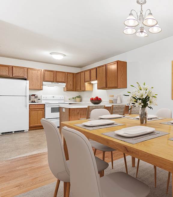 A dining room with a wooden table and chairs.