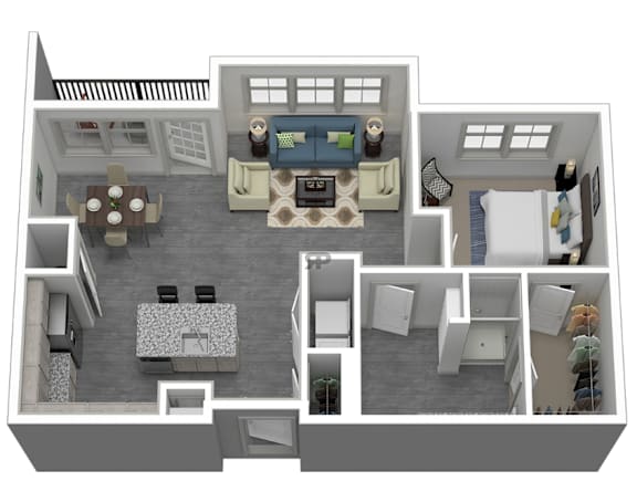 A 3D floor plan of a house showing a living room, kitchen, dining room, and bedrooms.
