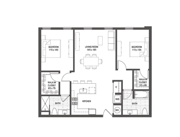 2 bed 2 bath floor plan H at Iron Works Sono, Norwalk, CT, 06854