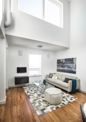 Living Room with beige couch, glass coffee table and neutral patterned rug