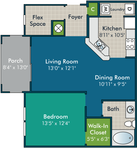AveryPH2-1BR1BA  Floor Plan at Abberly Green Apartment Homes by HHHunt, Mooresville, 28117