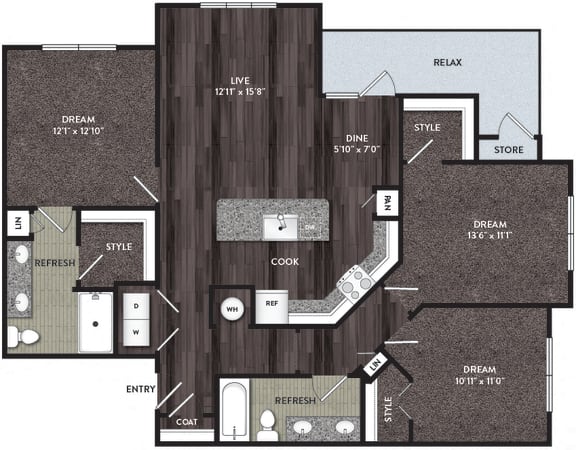 C1 Floor Plan at North Creek Apartments, Hutto, Texas