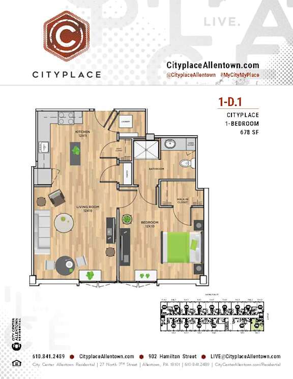 1 bed 1 bath B at Cityplace Apartment Homes Apartments, Allentown, PA