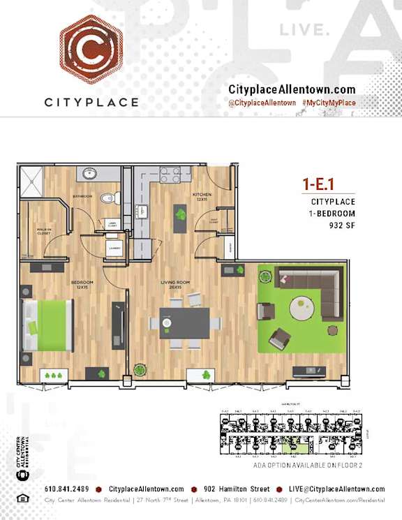 1 bed 1 bath D at Cityplace Apartment Homes Apartments, Allentown, Pennsylvania