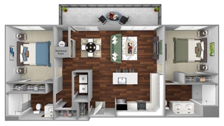 B3 - 2 Bed - 2 Bath - The Airdrie at Paoli Station - 3D Floor Plan