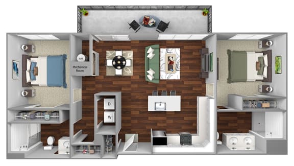 B3 - 2 Bed - 2 Bath - The Airdrie at Paoli Station - 3D Floor Plan