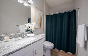 A bathroom with a white toilet, a marble countertop, and a shower curtain.