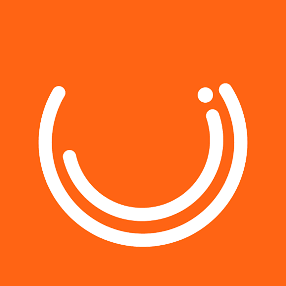 A white circular symbol on an orange background.