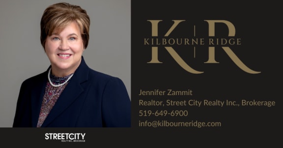 a picture of a woman in a suit and a sign for kilbourne ridge