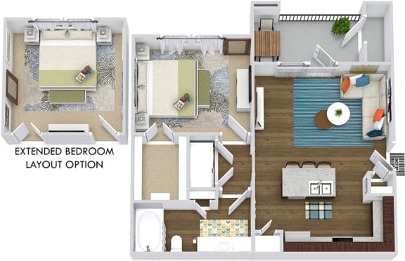 Sedona 3D. 1 bedroom apartment. Kitchen with island open to living room. 1 full bathroom. Walk-in closet. Patio/balcony.