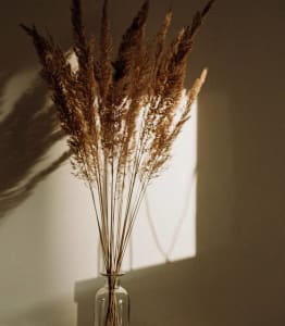 a vase with flowers on a table with a donut