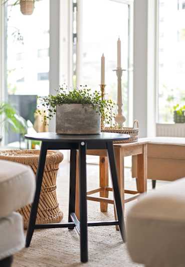 A table with a plant on it in front of a window at Eden West Apartments