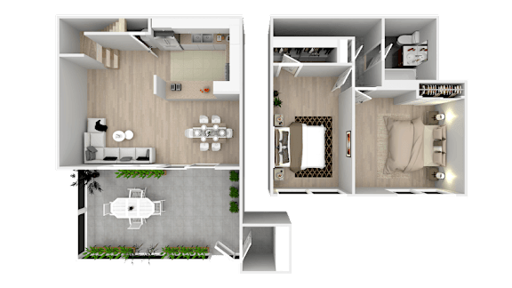 A 3D floor plan of a house showing a living room, kitchen, dining area, and bedrooms.