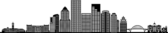 A black and white image of a city skyline.
