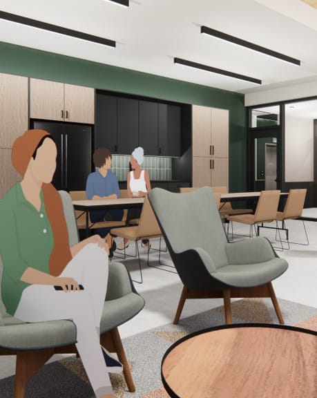 a rendering of a lobby with people sitting in chairs and tables