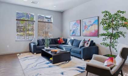 A living room with a grey couch, a black coffee table, and a blue rug.