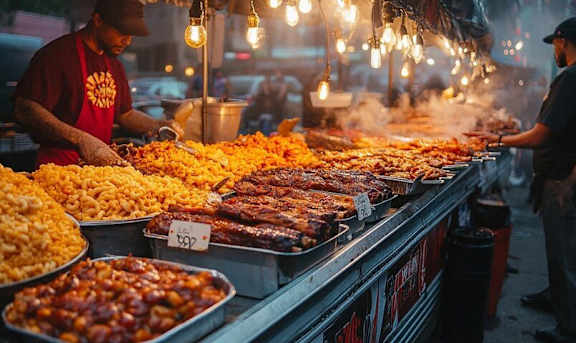 A man is cooking food on a street food stall.