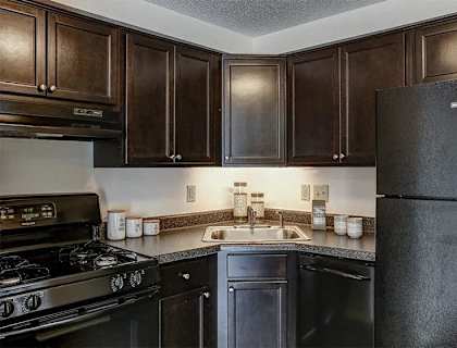 a kitchen with black appliances and dark wood cabinets