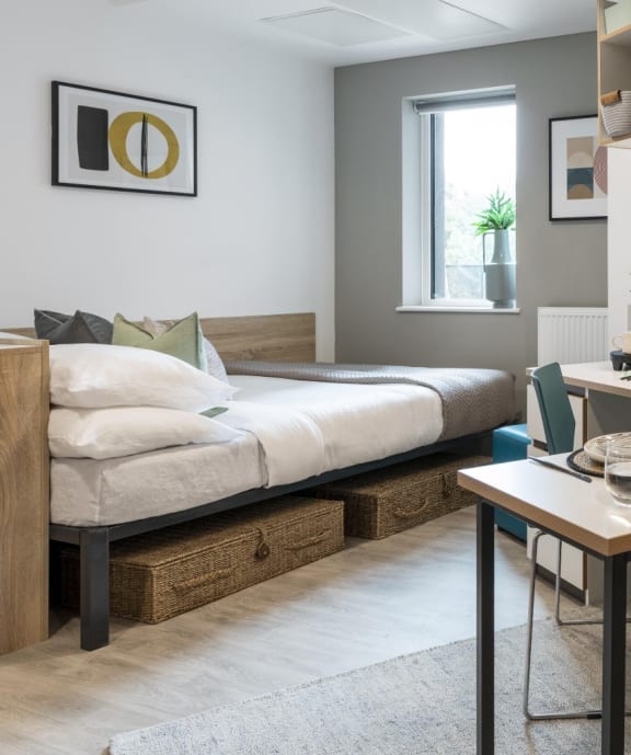 a bedroom with a bed and a desk and a window