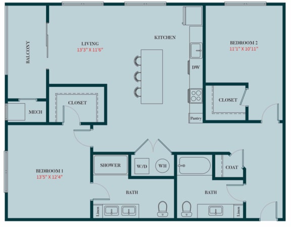 B3 - 2 Bedrooms 2 Baths Apartment Floor Plan Design - 1187 sq. ft. - Apartments in Des Plaines