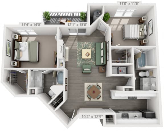 2 Bedroom Floor Plan with 1,053 Sq. Ft. at Ashford Green Apartment Homes Charlotte NC