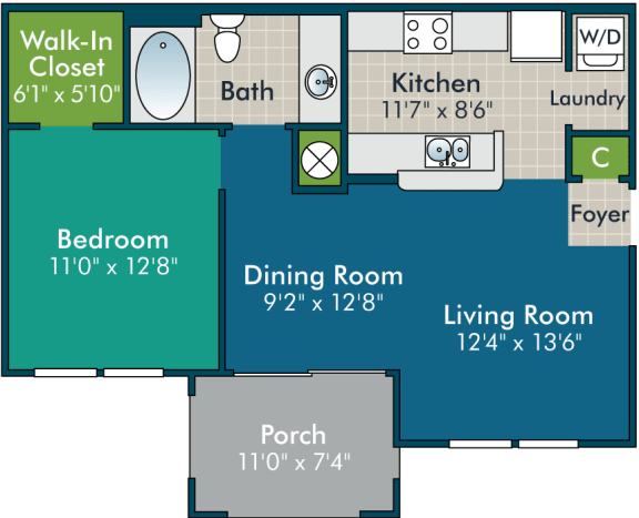 Dalmore-1BR1BA  Floor Plan at Abberly Green Apartment Homes by HHHunt, Mooresville