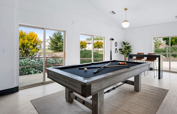 A pool table is in the middle of a room with a view of the backyard.