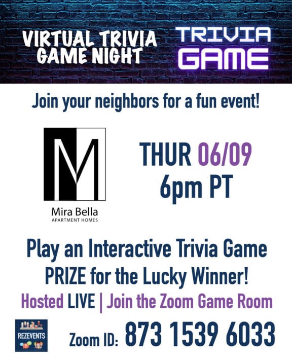 Trivia Night for June 2022 Flyer at Mirabella Apartments, CA, 92203