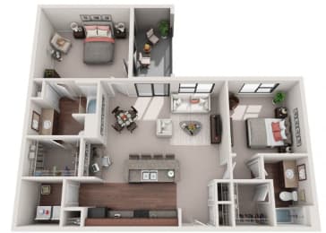 3d 2 bedroom floor plan | Gramercy on the Park Apartments in Dallas, TX